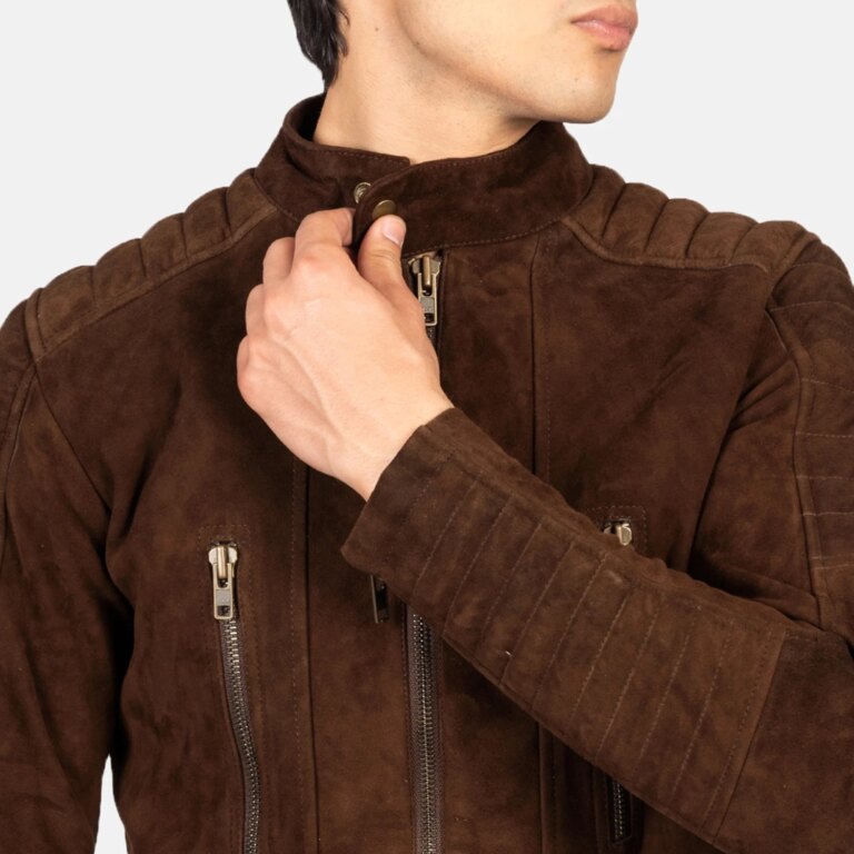 Mens Damian Mocha Suede Biker Jacket Close-Up-9-1720090526666